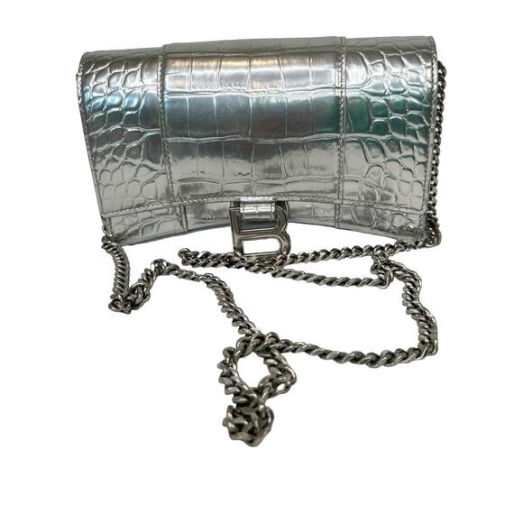 Balenciaga Handbags - Balenciaga Hourglass Shiny Mock-Croc Embossed Wallet on Chain in Silver